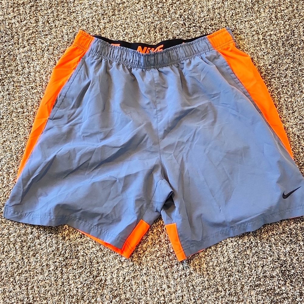 Nike dri fit shorts, men's 2XL, gray with bright orange stripe on the sides